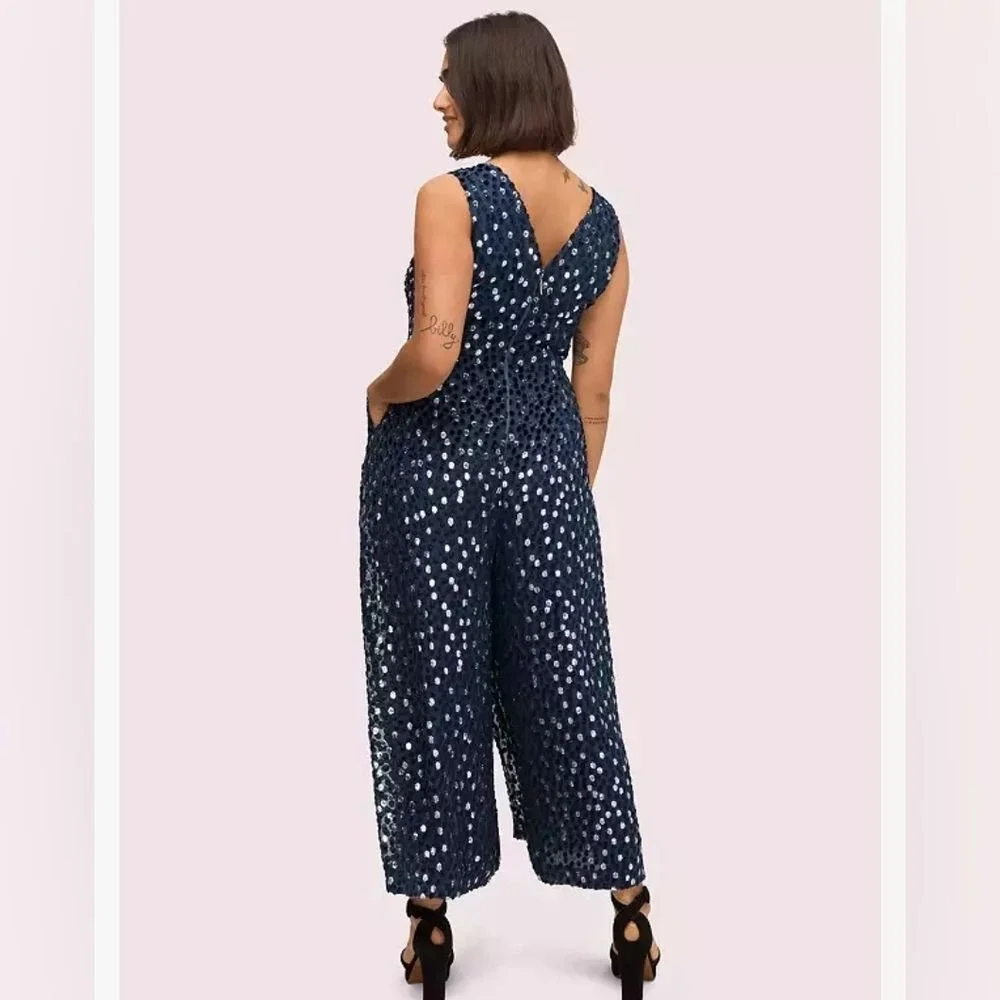 KATE SPADE NY‎ Women's 4 Navy/Silver Scatter Dot Silk Velvet Burnout Jumpsuit